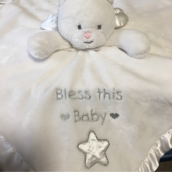 okie dokie Other - White Angel Bear Bless This Baby Security Blanket Satin Trim Okie Dokie LIKE NEW